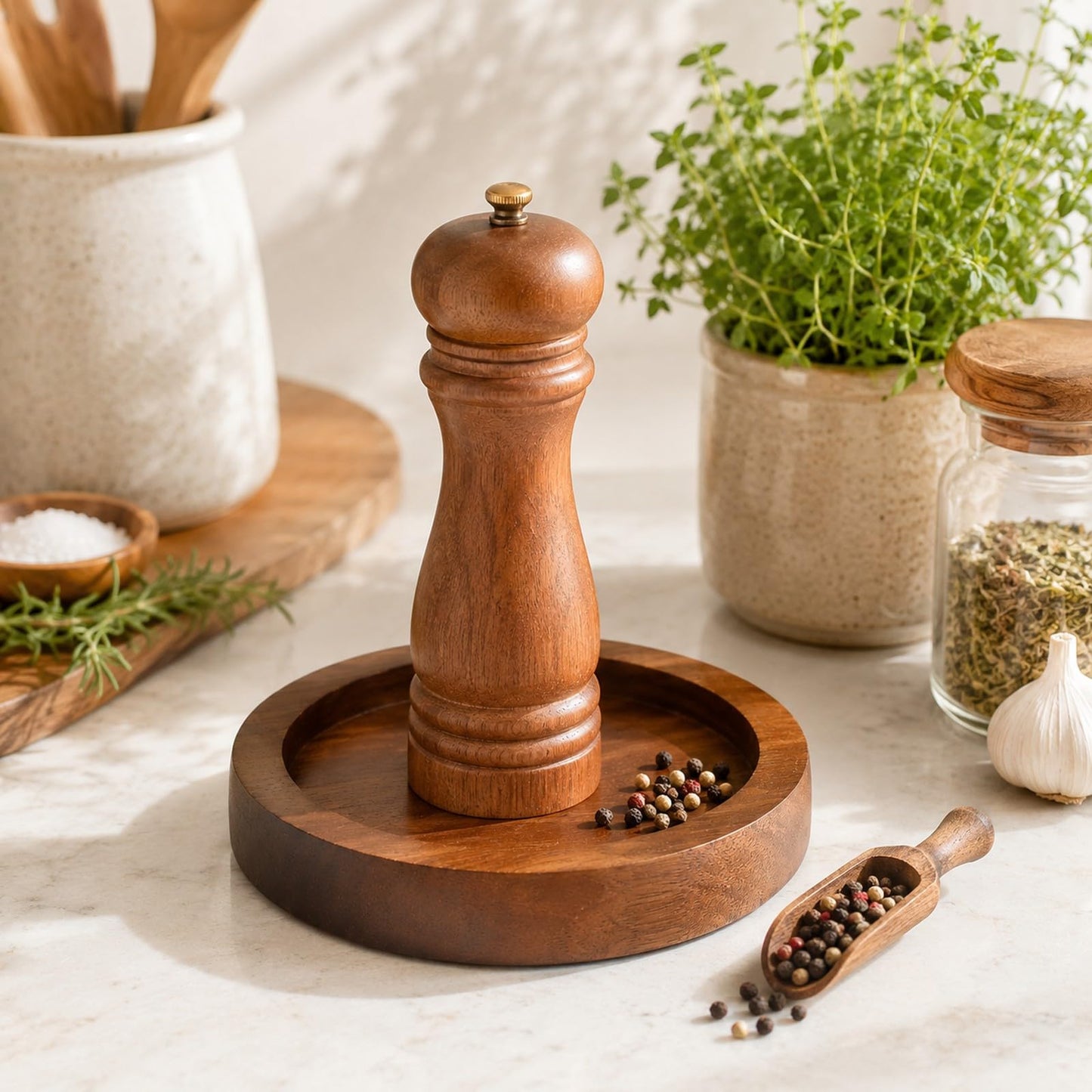 LOGOFUN Acacia Wood Spice Grinder Tray with Round Base Manual Salt Pepper Mill Holder for Kitchen Bottle Storage Home Supplies - 7.5X7.5X1.2cm/2.95X2.95X0.5in