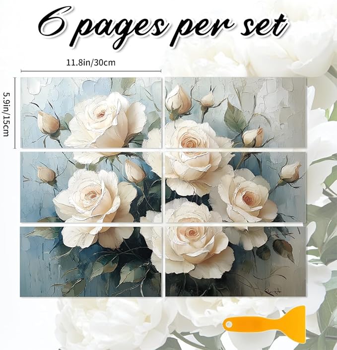 6 Sheets Large White Roses Rub on Transfers