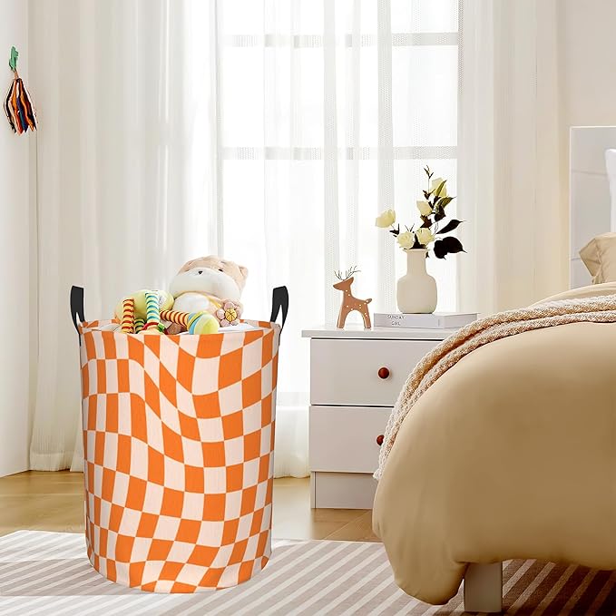 Groovy Retro Wavy Checkered Orange Laundry Basket, Waterproof Foldable Laundry