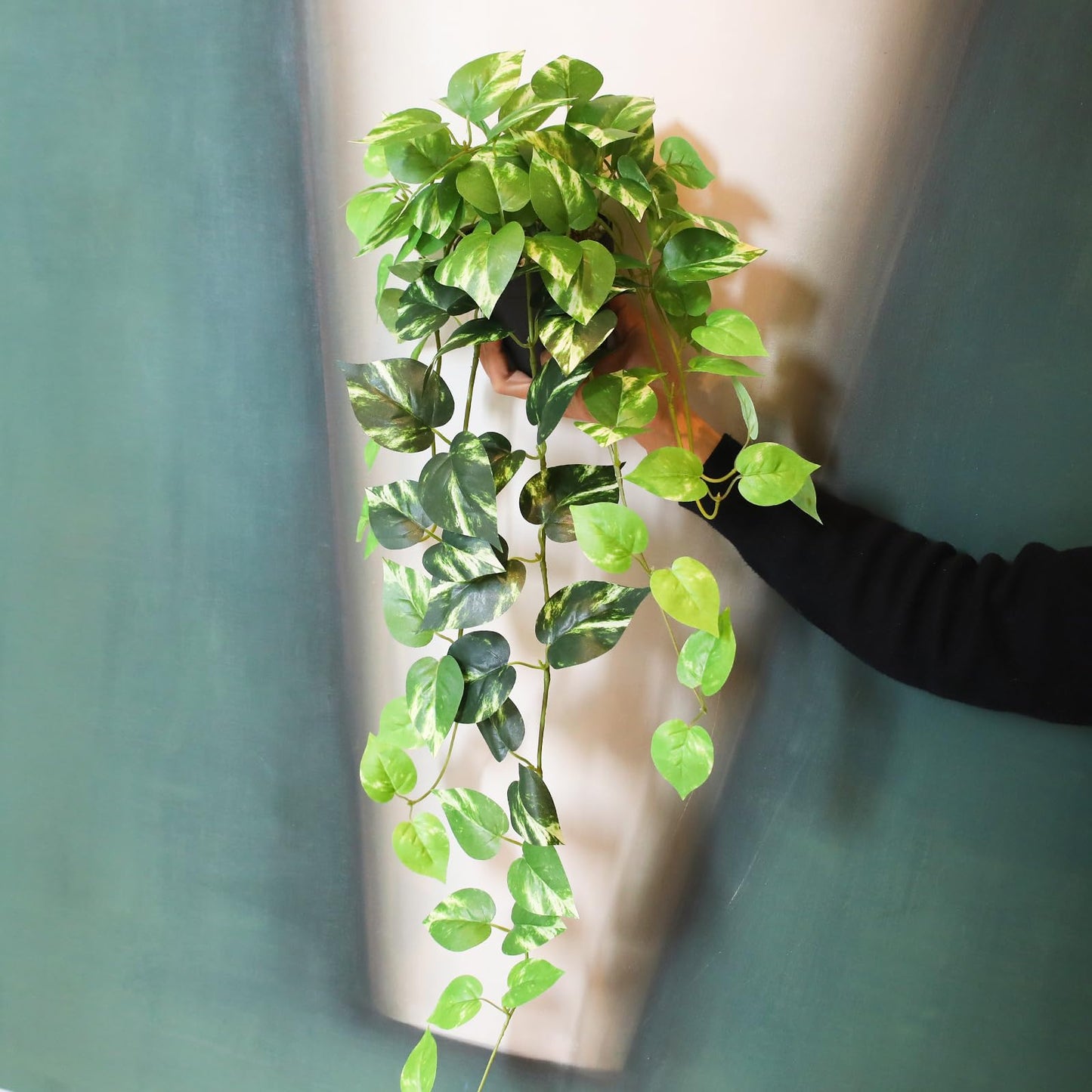 Fake Pothos Hanging Plants - 33" Set of 2 Artificial Silk Ivy Vines with Pots, Realistic Faux Greenery for Indoor Home Office Bathroom Decor, Low Maintenance Hanging Plant Decoration - Golden Green