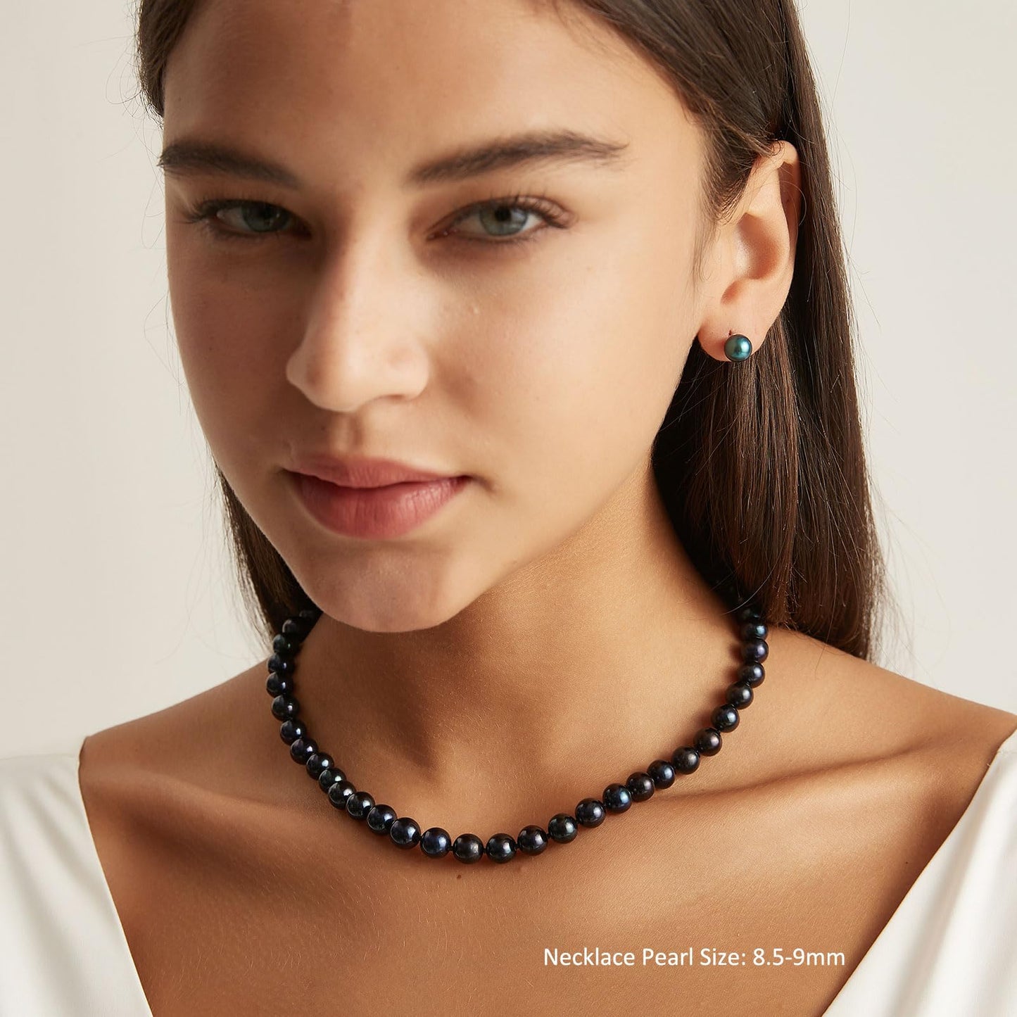YAMI Tahitian Black Pearl Necklace, Natural Saltwater Cultured Round Pearl 9-10mm Strand Necklace with 925 Sterling Silver Clasp, Anniversary Mother's Day Jewelry Gifts for Women