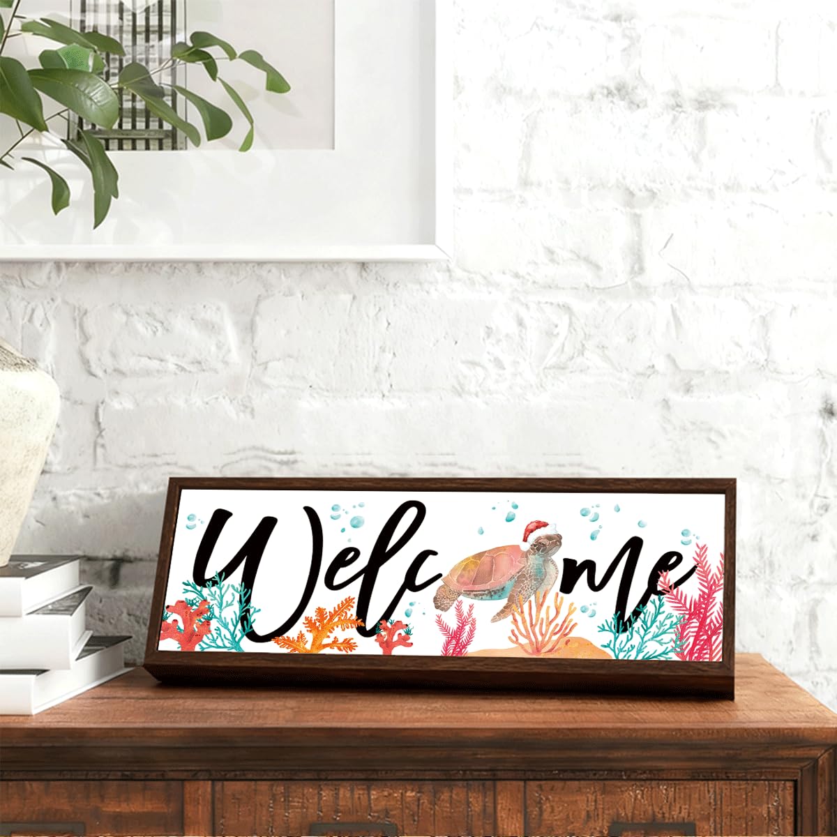 Welcome Wood Home Decor Signs, Welcome Christmas Turtle And Coral Wood Plaque, Christmas Sign, Farmhouse Coastal Beach Ocean Themed Front Porch Door Decor 9.5x3.1 Inches(A53)