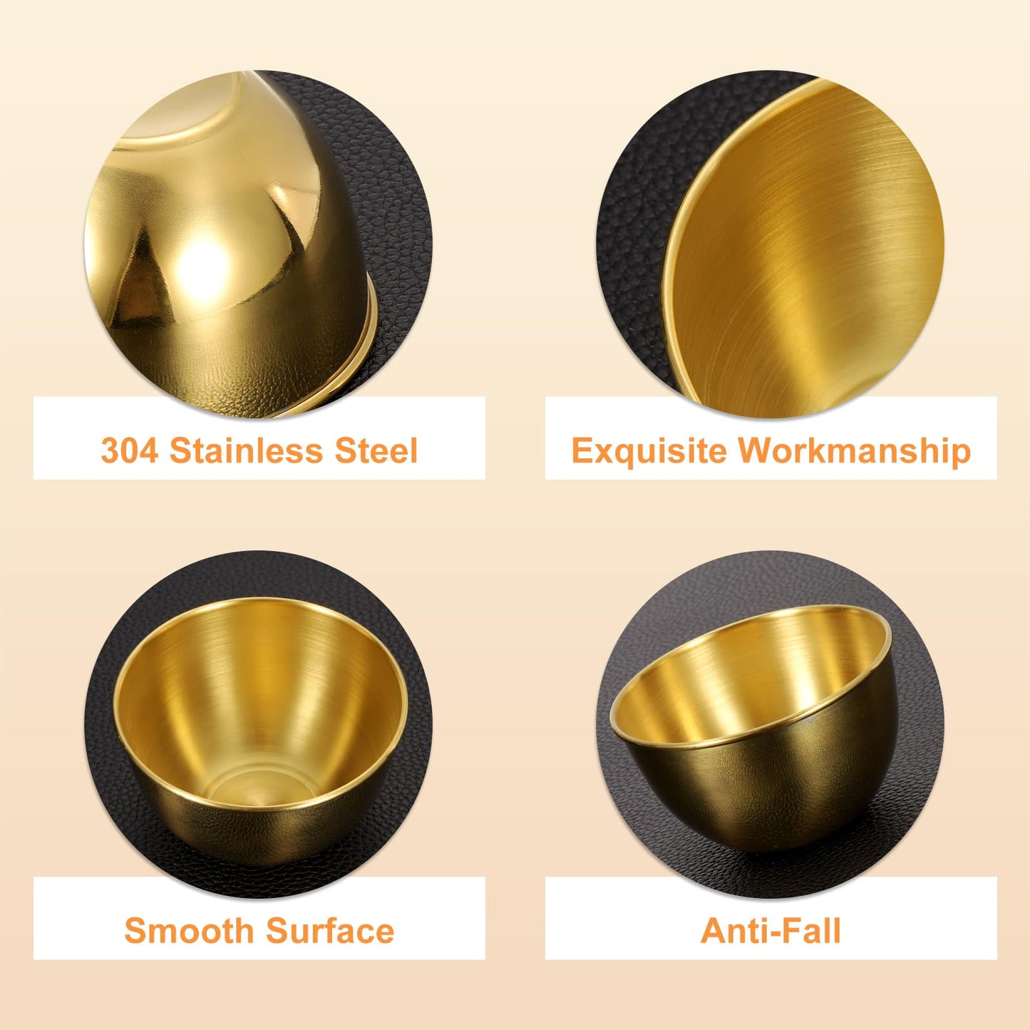 uxcell 4 Pcs 3.4 Inch Stainless Steel Sauce Dishes Kit, Seasoning Dishes and Spoons, Condiment Sauce Cups, Sushi Dipping Bowl Mixing Saucers Appetizer Bowls for Side Dish, Gold