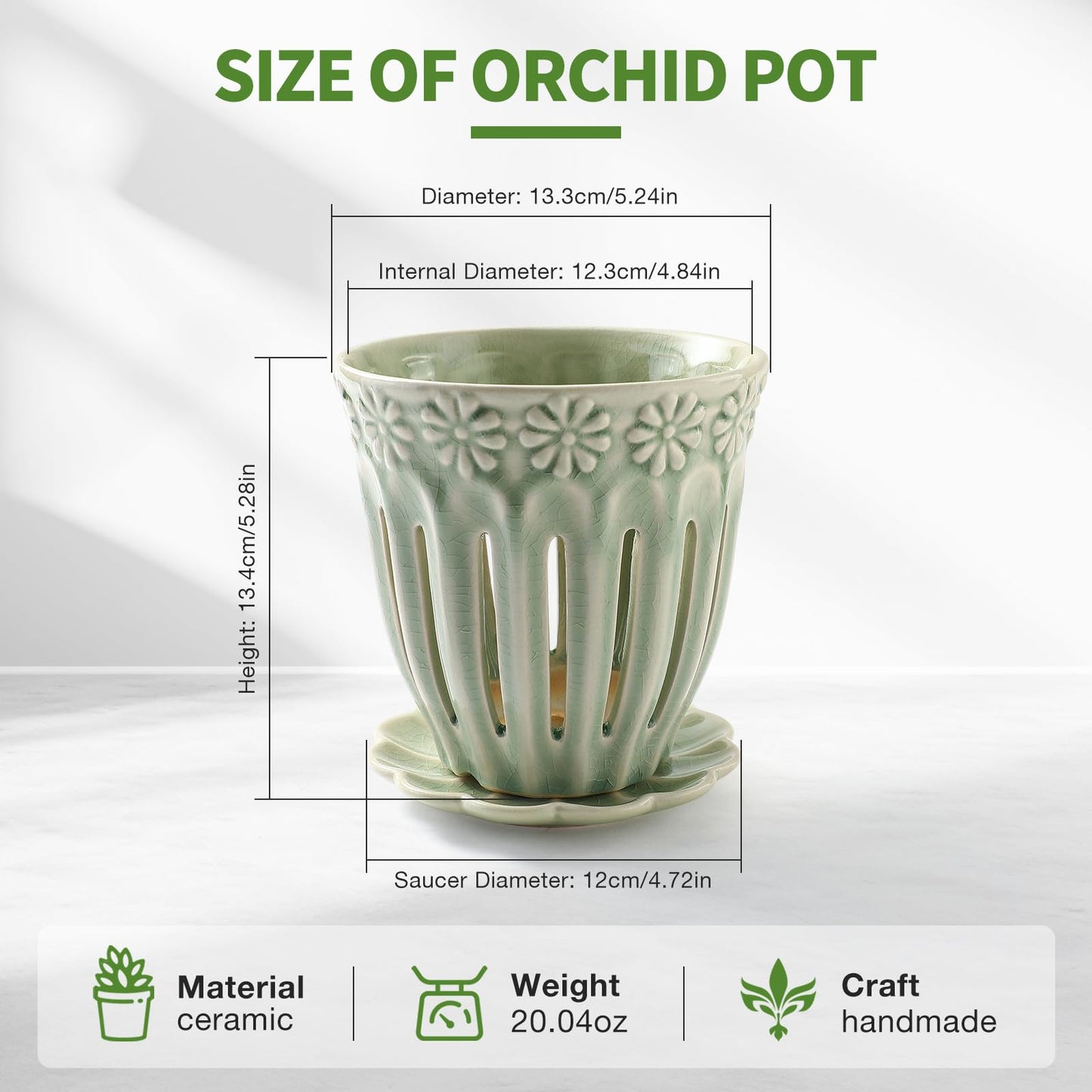 SUADEN 5" Ceramic Orchid Pots with Holes | Crackle Glazed Orchid Pot with Drainage and Separate Saucer | Ideal Plant Pot for Repotting Orchids and Other Flowers(Green)