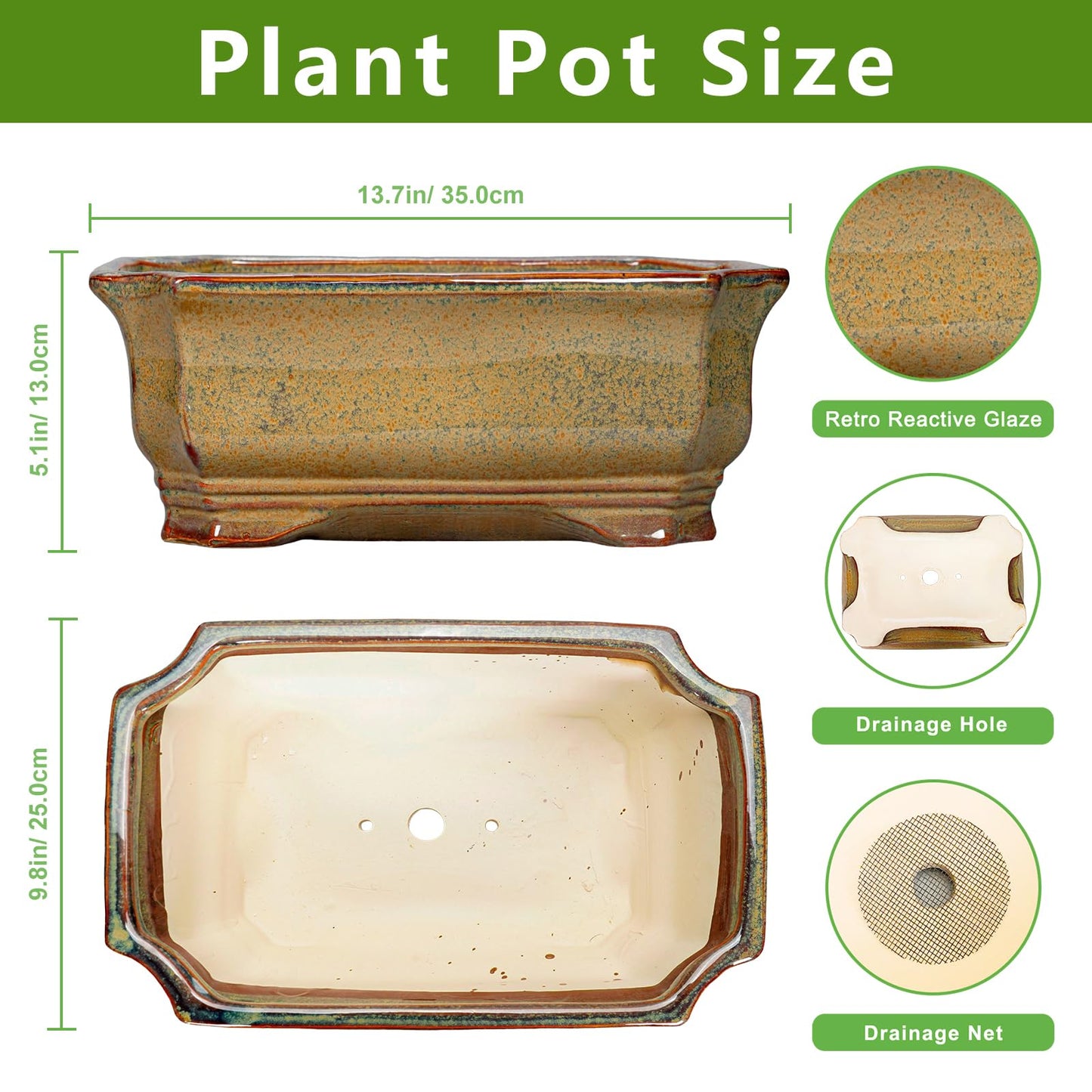 Teagas Bonsai Pots 13.7 Inch - Ceramic Bonsai Tree Pots with Drainage Hole, Succulent Planters for Indoor Outdoor Plants, Decorative Planter, House Decor, Gardening Gifts, Rectangular Yellowish Brown