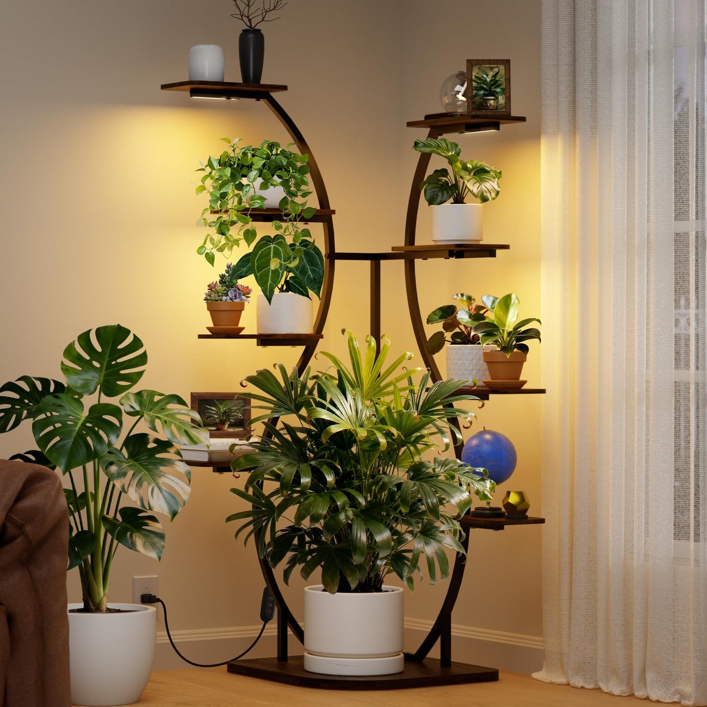 Barrina LS12 Corner Plant Stand with Grow Light, 62.2" Tall 9-Tier Plant Shelf for Large Plant, Warm Full Spectrum T5 Grow Lights, S-Shape Corner Flower Holder for Living Room, Home Decor, Gardening