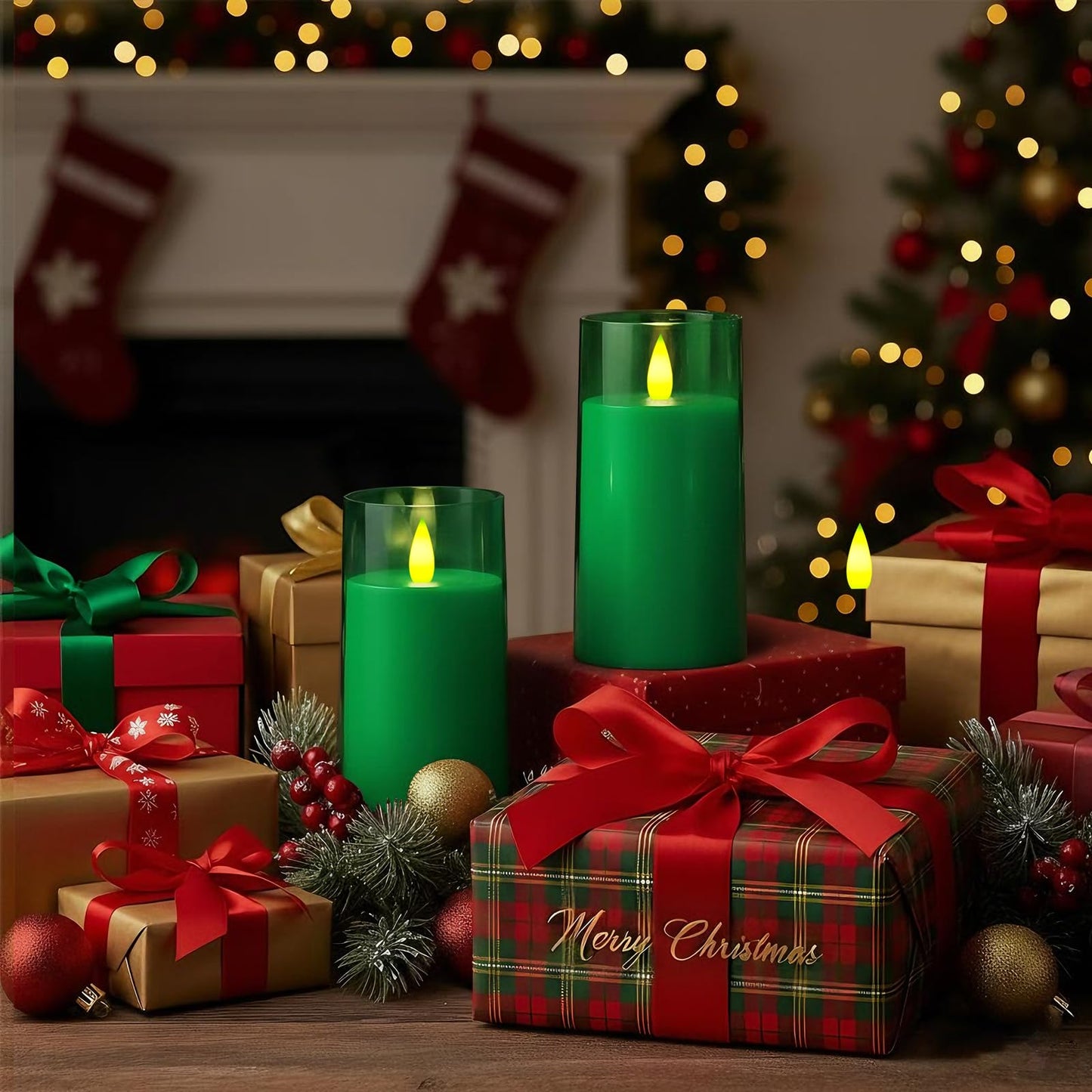 Raycare St. Patrick's Day Flameless Electronic Pillar Candles with Remote Control and Timer- Battery Operated Realistic Flickering LED Fake Candle for Home, Wedding Decor,Green,Set of 2(3"x6"6")
