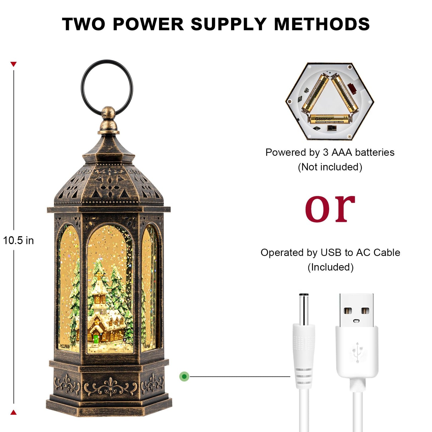 Christmas Snow Globe Lantern Lighted Holiday Village Church with Music& Timer, USB Lined/Battery Operated Lighted Lantern for Christmas Festival Decoration Gifts