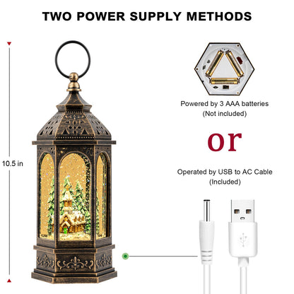 Christmas Snow Globe Lantern Lighted Holiday Village Church with Music& Timer, USB Lined/Battery Operated Lighted Lantern for Christmas Festival Decoration Gifts