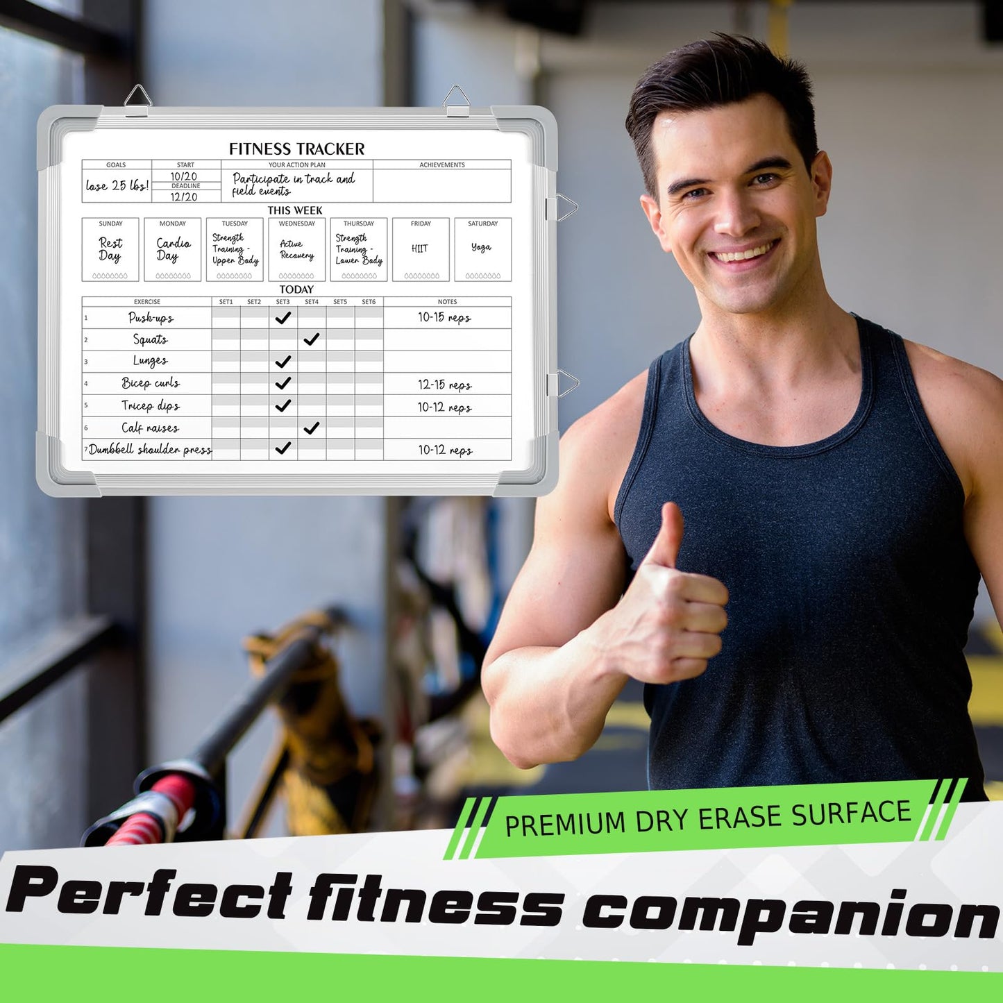 Lincia 16 x 12 Inch Fitness Tracker Whiteboard Workout Calendar for Home Gym Dry Erase Planner Hanging Removable to Do List for Wall Whiteboard with Aluminum Frame for Gym Program(Style A)