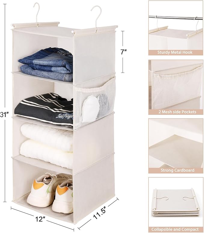 MAX Houser 4 Tier Shelf Hanging Closet Organizer, Space Saver, Closet Hanging