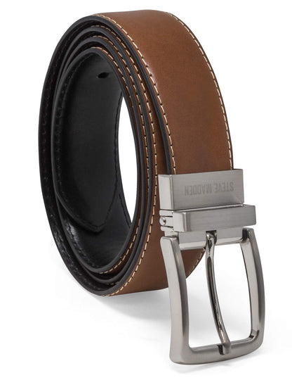 Steve Madden Reversible Men's Dress Casual Every Day Leather Belt, Cognac/Black (Feather Edge), 36