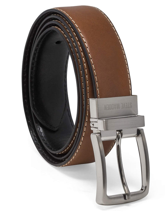 Steve Madden Reversible Men's Dress Casual Every Day Leather Belt, Cognac/Black (Feather Edge), 36