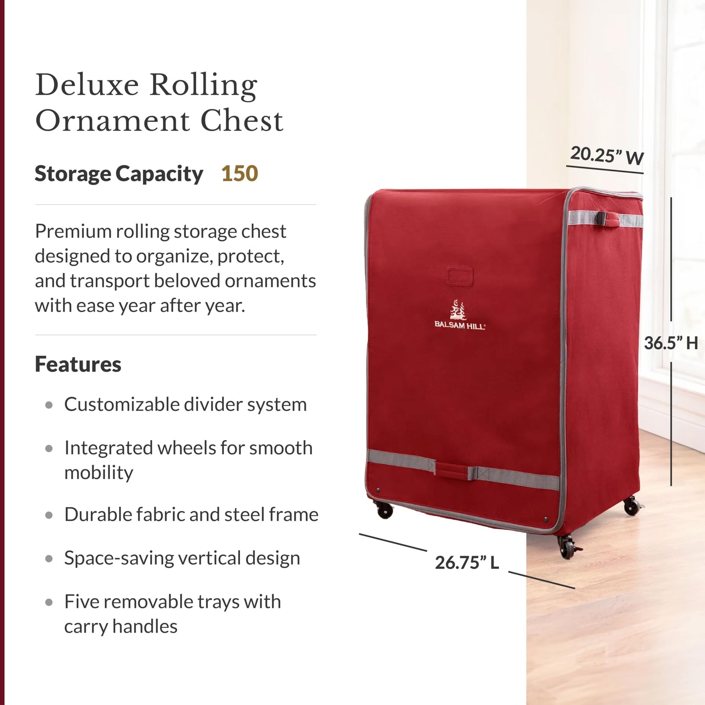 Balsam Hill Deluxe Rolling Ornament Chest - 150pc Christmas Decoration Storage with Dividers & Trays
