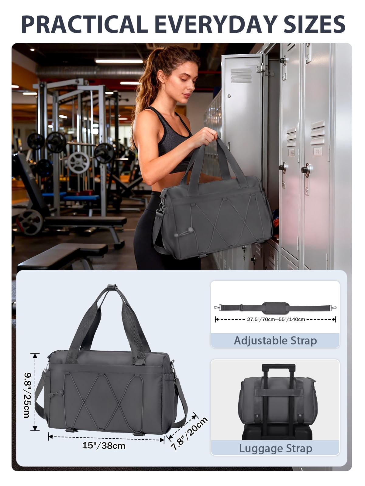 Small Gym Bag for Women with Yoga Mat Holder and Wet Compartment, Mini Gym Duffle Bag Yoga Bag with Water Bottle Pocket for Workout Travel, Dark Gray