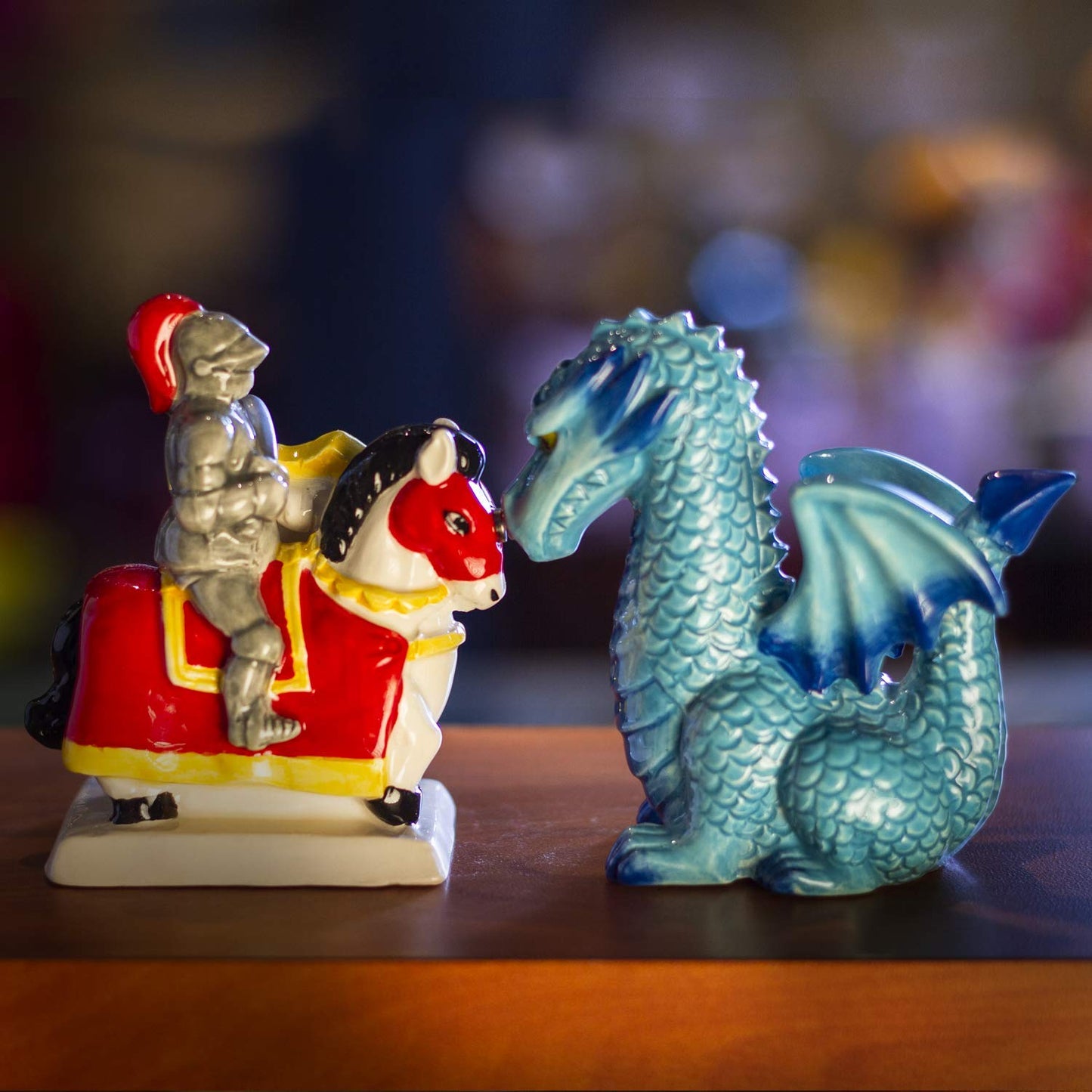 Knight on Horse & Dragon Ceramic Salt and Pepper Shakers Set
