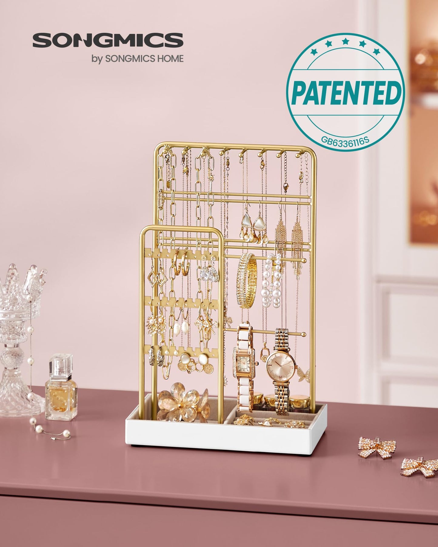 SONGMICS Jewellery Stand, Jewellery Organiser, Jewellery Display Stand with Metal Frame and Velvet Tray, Earring Bracelet Holder, Necklace Stand, for Studs, Rings, Gift Idea, Gold Colour JJS021A01