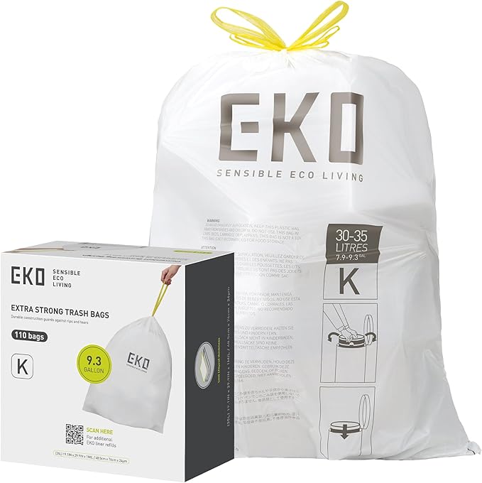 EKO 9.3 Gallon / 30–35 Liter Drawstring Trash Bags, Extra-Strong Leak-Resistant
