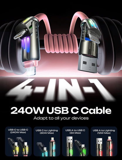 LISEN USB C to Lightning Cable, 240W 4 in 1 Charging Cable 6.6FT, Chubby USB A/C to C/Lightning with Light for iPhone Air 17 16 15 14 Pro/MacBook/iPad/Samsung/Switch 2, Multi Chargers for All Devices