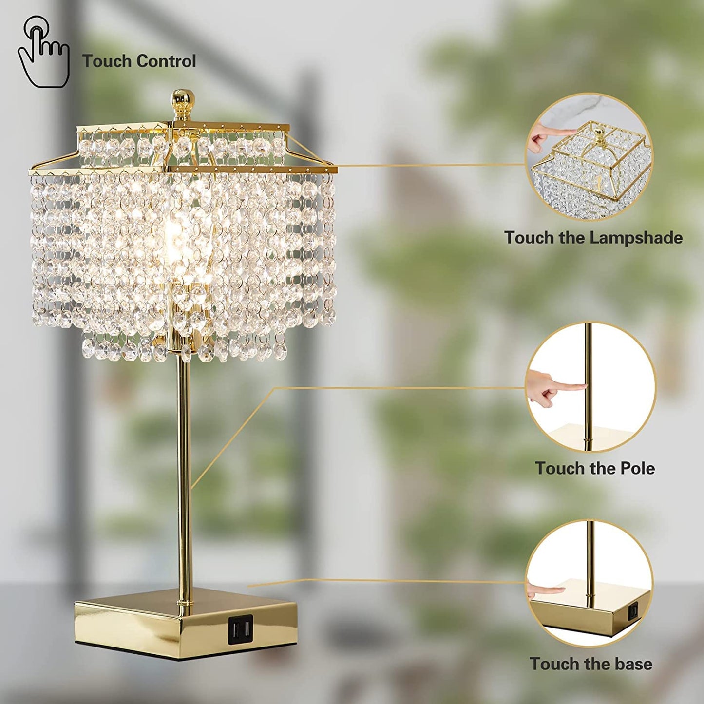 Luvkczc Crystal Touch Table Lamp, Bedside Lamps with with USB C+A Ports, Gold Bedroom Lamp, Dimmable Lamp with Crystal Shade, Nightstand Lamps for Bedroom, Living Room, Bulb Included