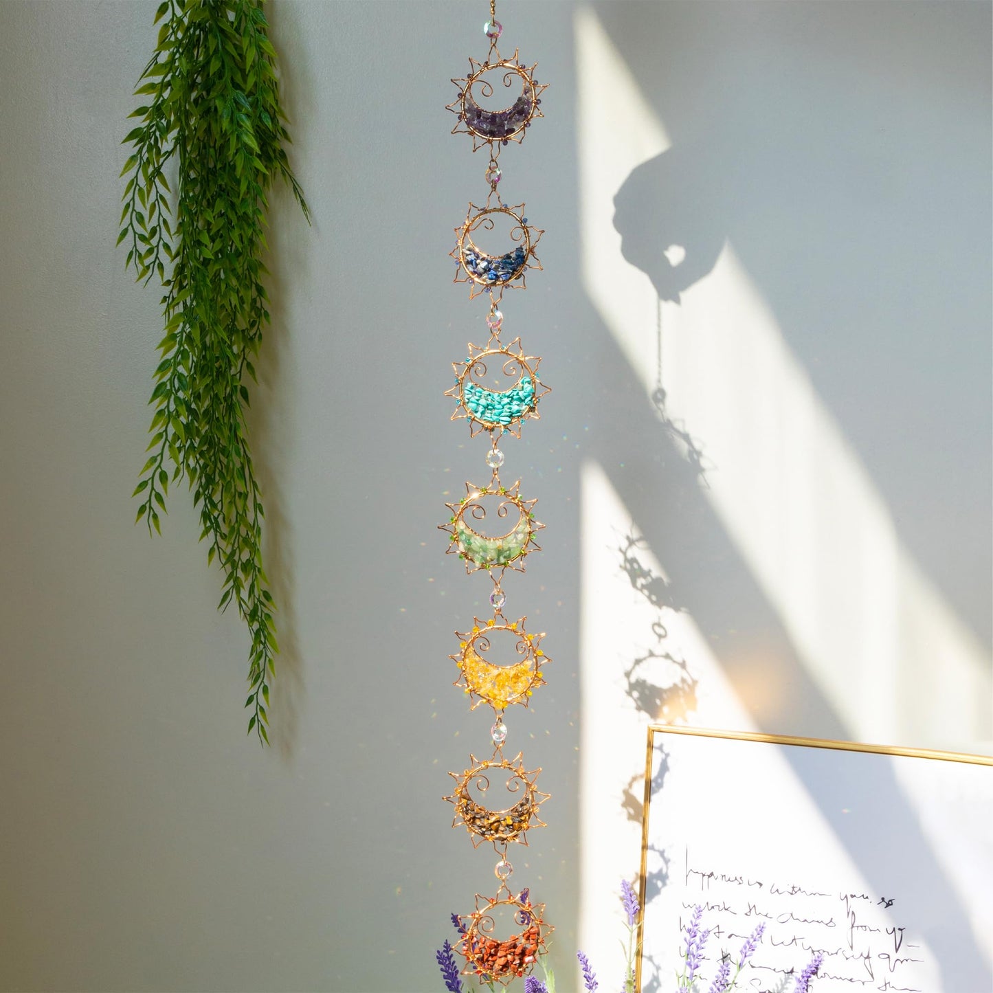 7 Chakra Healing Crystals Hanging Ornament，Handmade Sun Chakra Stones Natrual Gemstones Wall Hanging Ornaments for Home Decor Yoga Meditation (7 Chakra Sun)