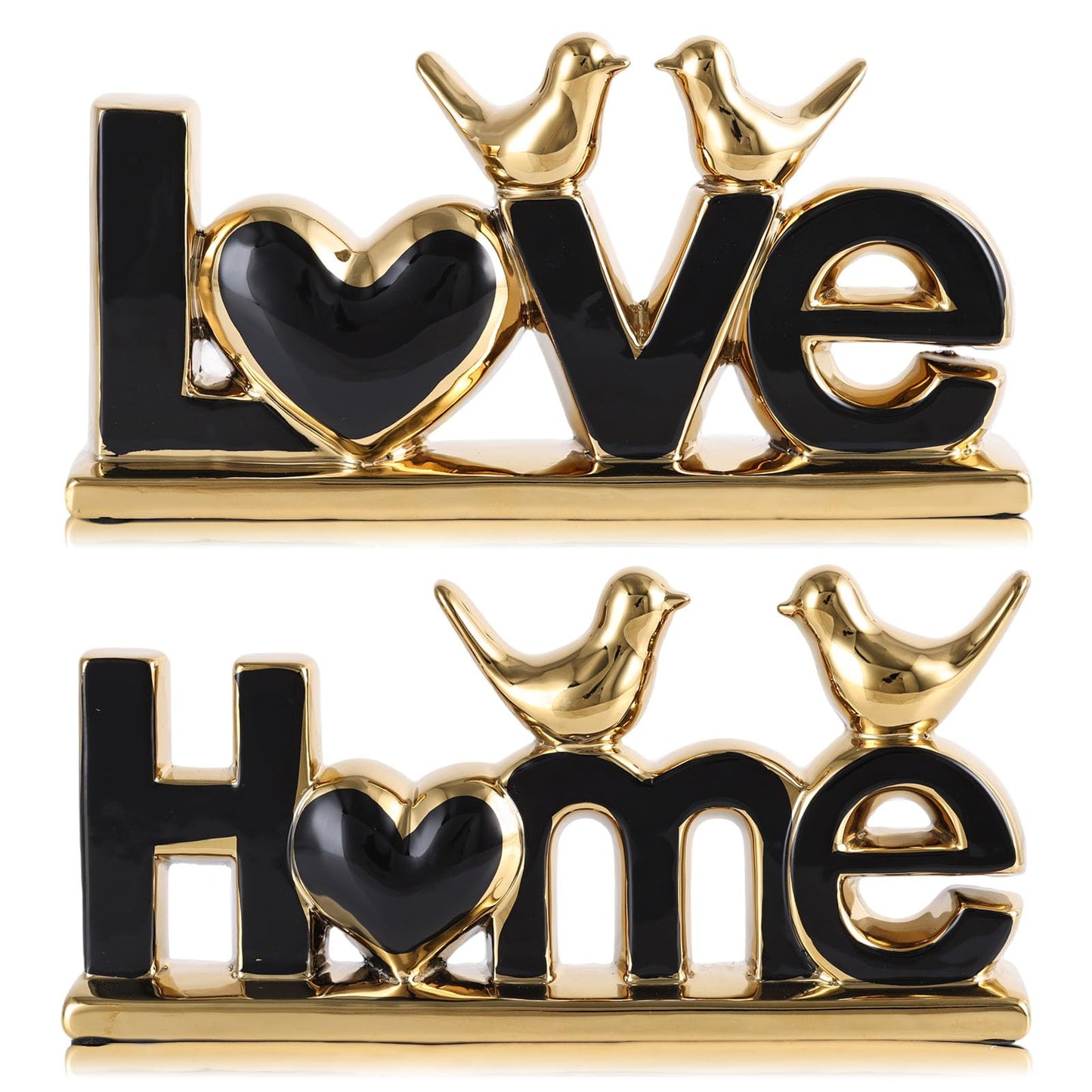 GAOSHENG Ceramic Love & Home Sign Decor with Bird Statues Set 2,10" Modern Black Gold Tabletop Sculptures for TV Stand,Floating Shelf & Entryway,Romantic Wedding & Warm Housewarming Gift Set (Black)