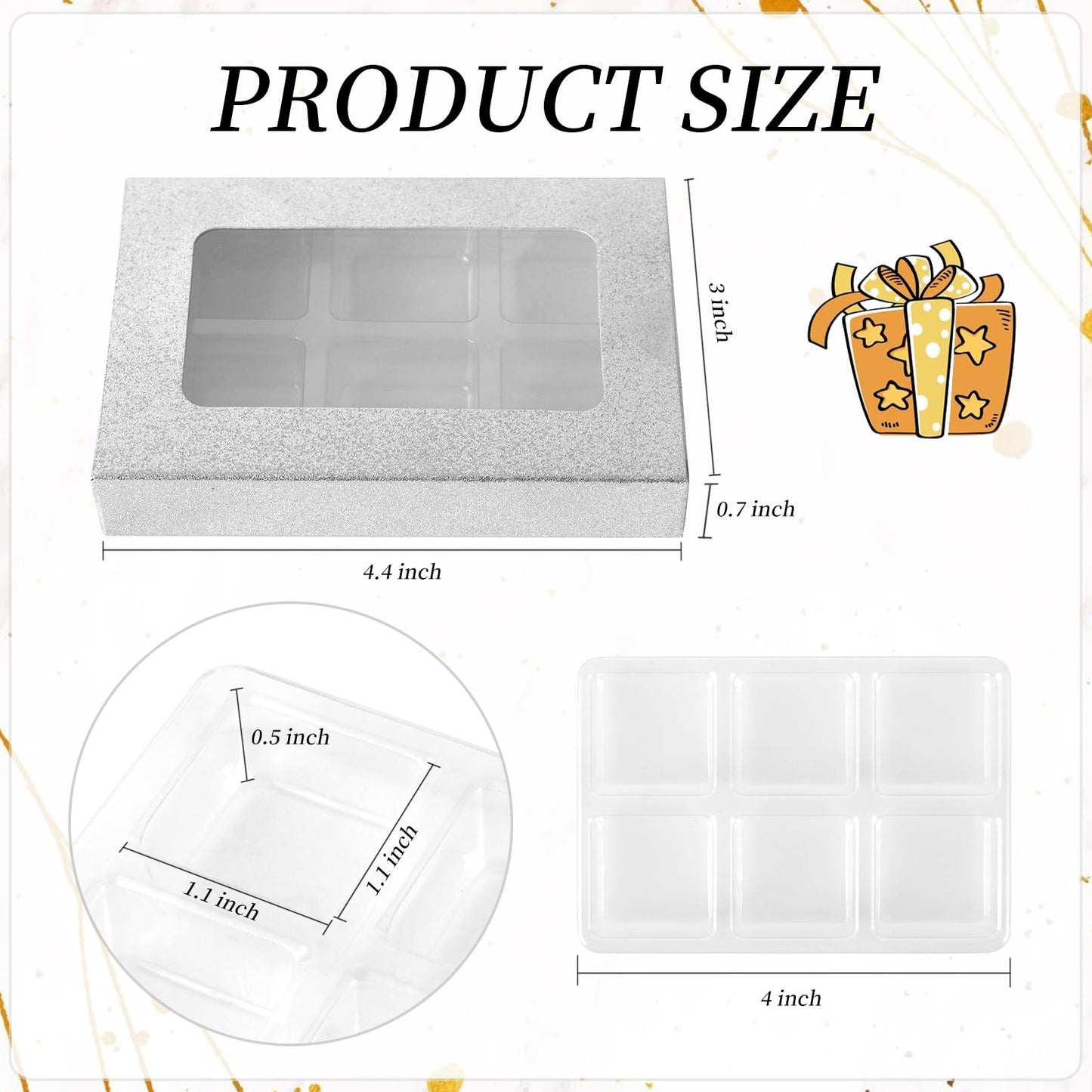 50 Pcs Silver Glitter Gift Boxes for Wax Melts 6 Cavity Plastic Wax Melt Molds with Box Crystal Wax Melts Containers Boxes Wax Melt Cube Trays for Wrapping Gifts Wax Cubes Wax Tarts Wax Block