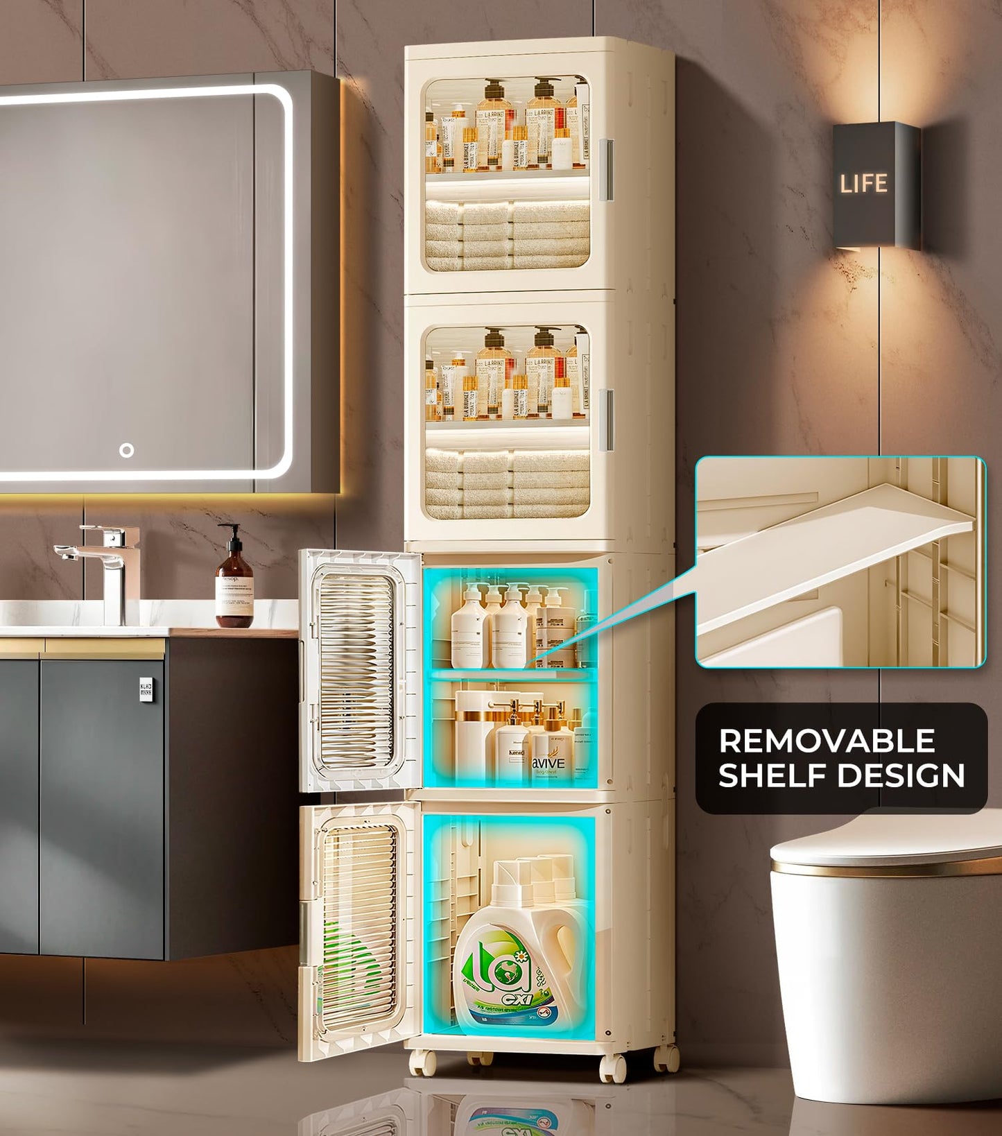 BUMODEL 4-Tier White Slim Storage Cabinet and 4-Tier Beige Slim Storage Cabinet with Doors and Adjustable Shelves