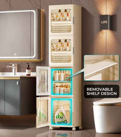 BUMODEL 4-Tier White Slim Storage Cabinet and 4-Tier Beige Slim Storage Cabinet with Doors and Adjustable Shelves