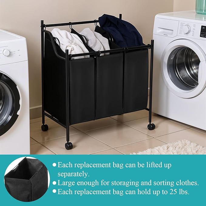 3 Pcs Black Hypotenuse Laundry Sorter Replacement Bags Hamper Cart Removable