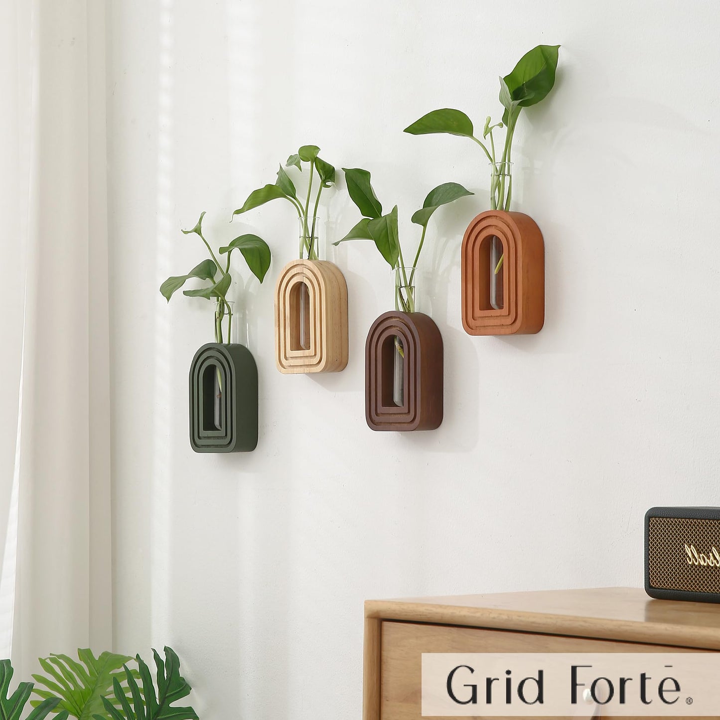GRID FORTE Wood Wall Arched Propagation Vases (Set of 4), Hanging Plant and Flower Vases, Home Decor Boho Wall Decoration for Living Room Bedroom