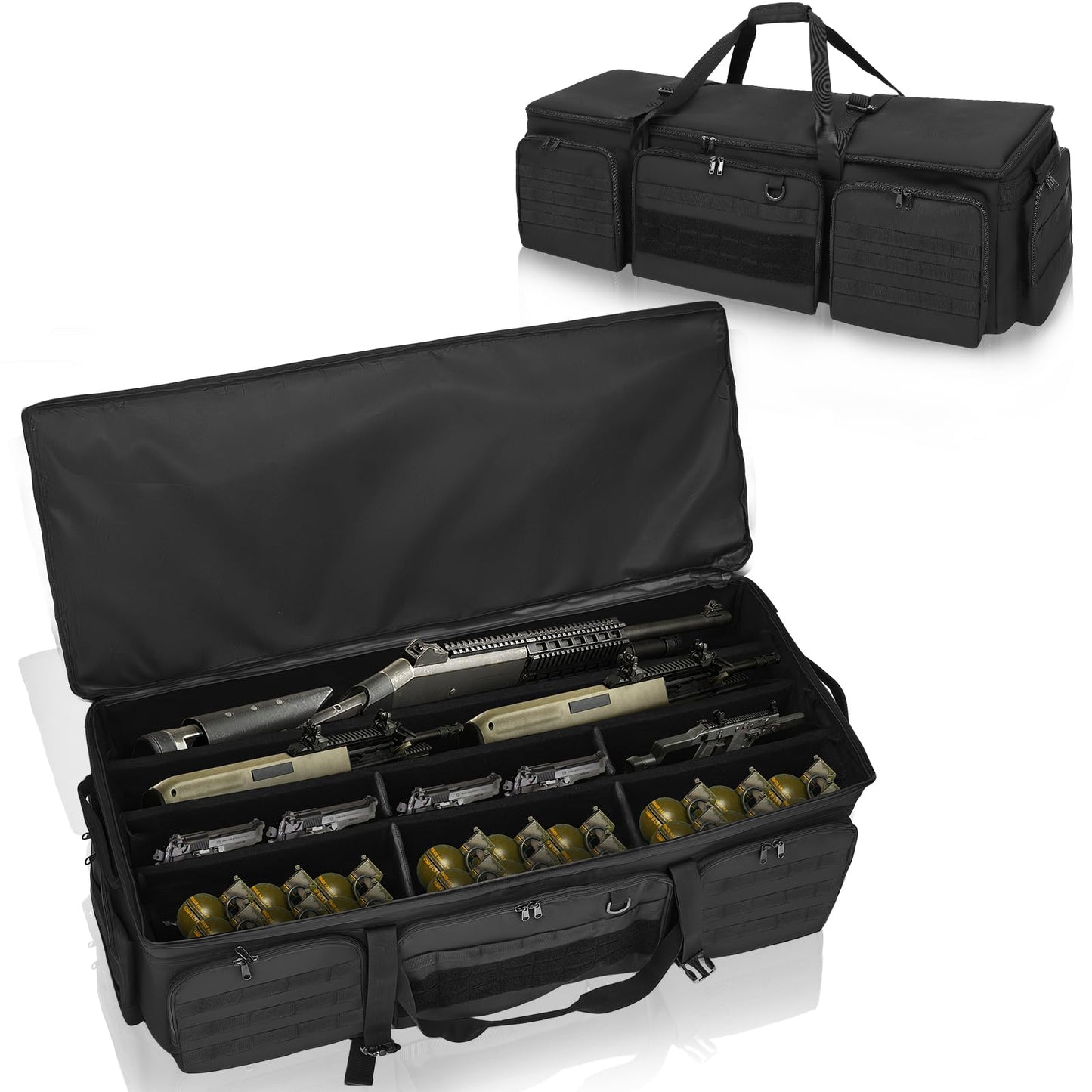 Bulyoou 42" Soft Rifle Case for 4 Guns with Molle, Tactical Multi Gun Bag with Padded Dividers and Backpack Straps, Extra Pockets for Outdoor Hunting and Shooting Range, Safe Storage Shipping (Black)