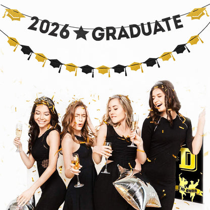 Black White-Gold Party-Decoration Graduation Banner - 8pcs Kits Cap Garland Streamers, Paper Tissue Pom Poms Flowers, 2026 Graduate Banner Congratulations Grad Decor Lasting Surprise