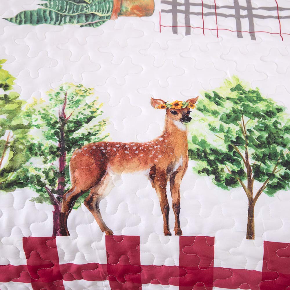 WONGS BEDDING Christmas Quilt Set King Rustic Christmas Tree Snowman Cardinal Holiday Wreath Pattern Bedding Solid Bedspread Coverlet with 2 Pillow Shams for All Season, Soft Microfiber Quilt 103"x90"