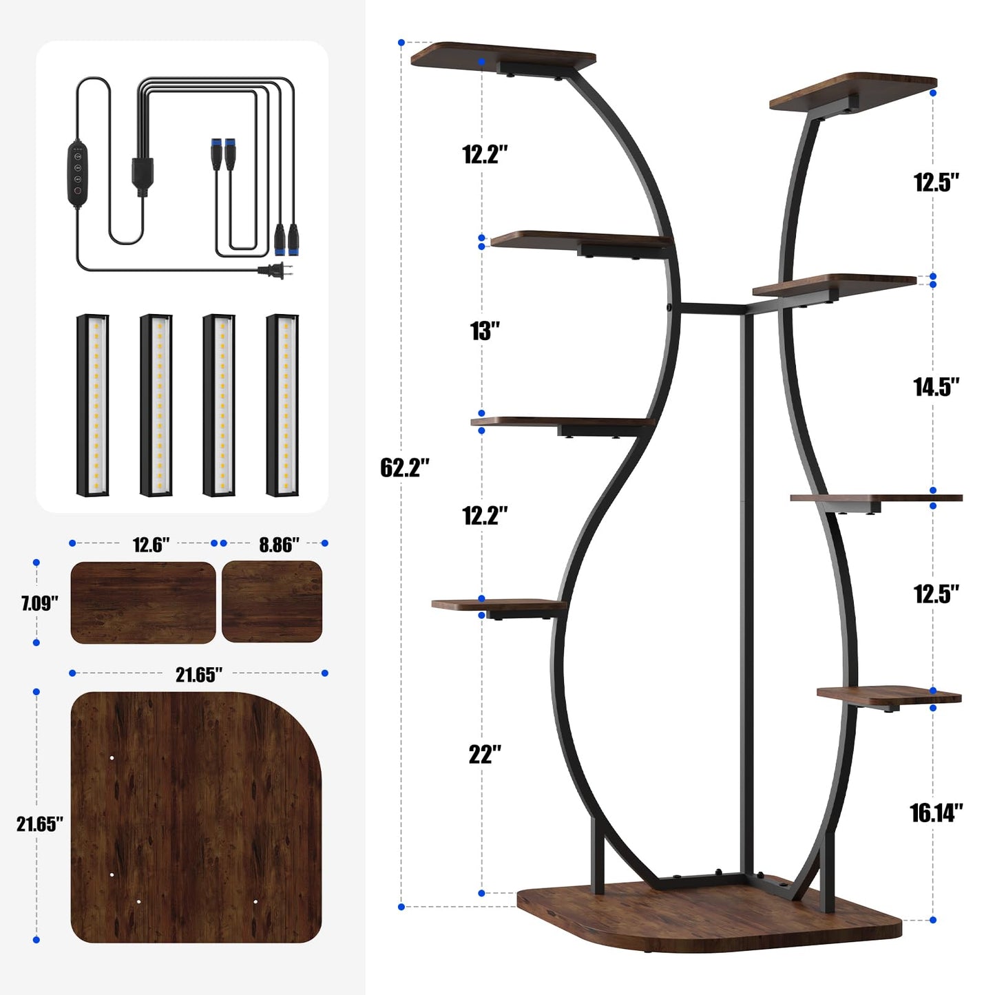Barrina LS12 Corner Plant Stand with Grow Light, 62.2" Tall 9-Tier Plant Shelf for Large Plant, Warm Full Spectrum T5 Grow Lights, S-Shape Corner Flower Holder for Living Room, Home Decor, Gardening
