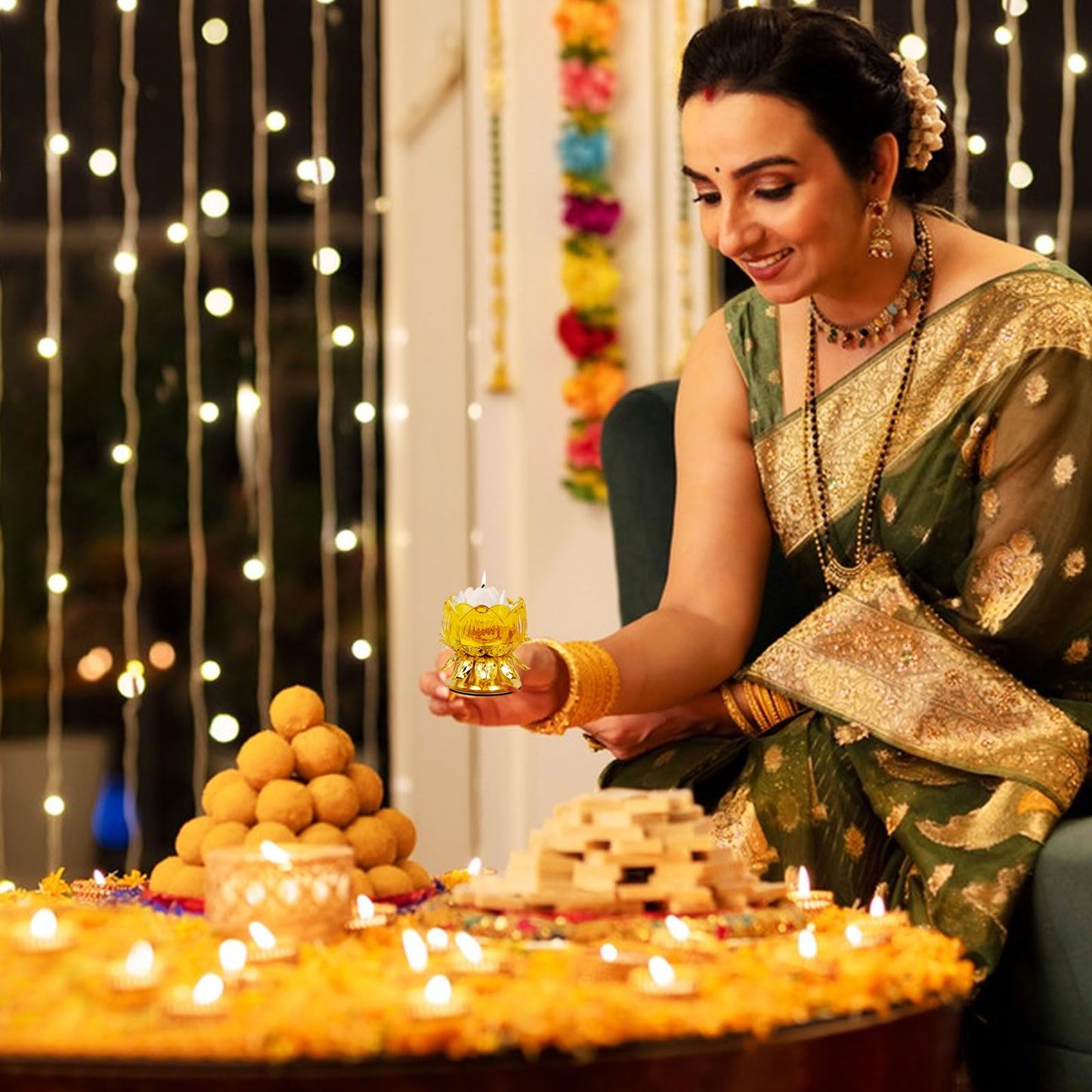 Awexilup 2 PCS Lotus Candle Holder, Gold Tealight Candlestick for Table Centerpiece Wedding Party Ornament, Indian Diyas Oil Lamps for Diwali Pooja Ghee, Buddha Temple Home Decor