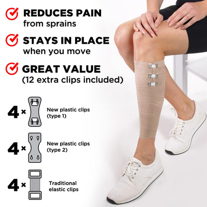 Premium Elastic Bandage Wrap - 4pk (2x3in, 2x4in) + 12 Extra Clips - Strong Compression Bandage Wrap for Leg, Arm, Wrists, Elbow, Ankles, Feet and Knees - for First Aid Kit and After Surgery Recovery