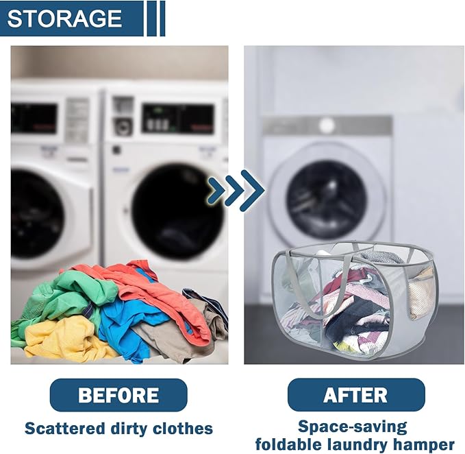 4 Pack Collapsible Laundry Baskets Dual Compartment, Mesh Pop Up Hamper