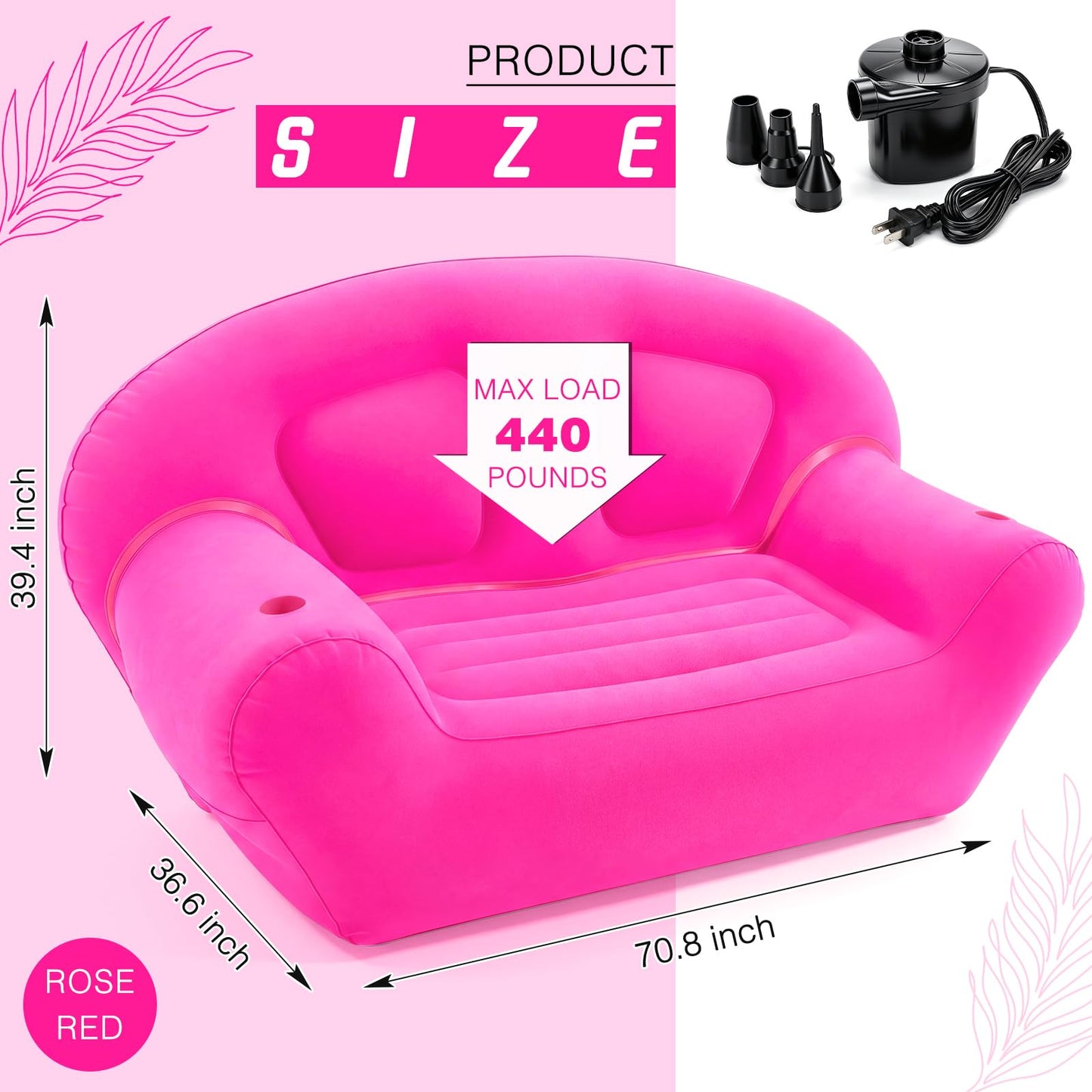 Novabright Inflatable Couch, Flocked Surface Blow up Chair, Folding Portable Flocking Inflatable Air Sofa Lazy Sofa for Living Room Learning Camping Part(Twin Size,Hot Pink)
