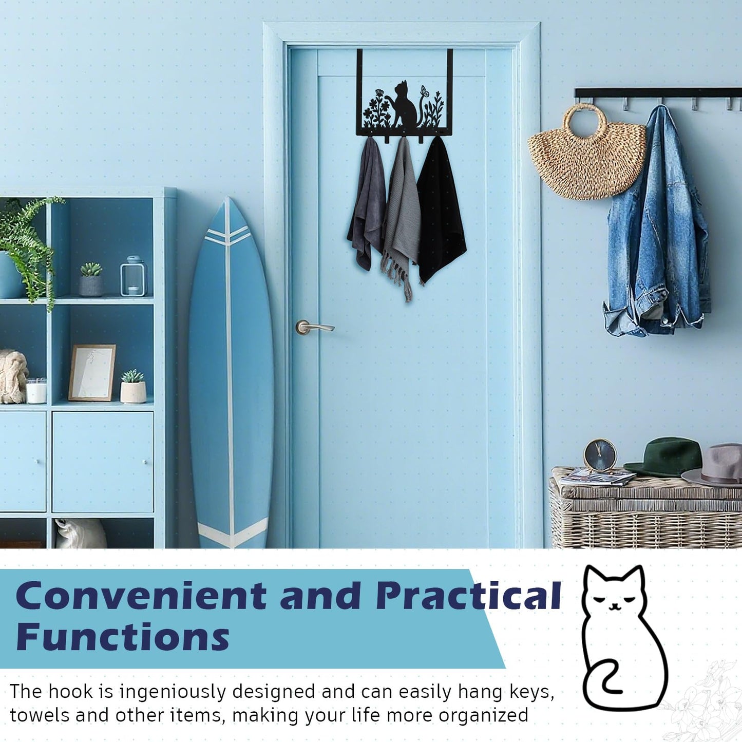 Reallnaive Black Cat Over The Door Hooks Gothic Bathroom Decor Hanger Wall Mount Rack Holder for Towel, Hat, Coat, Cloth, Keychain, Bag, Christmas Gift for Cat Lovers