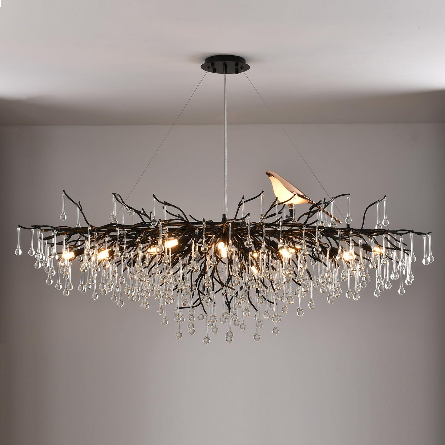 Modern Crystal Chandelier, Tree Branch Style - L60" Black Linear Raindrop Pendant Light - 16 Lights for Dining, Living Room, Entryway, Foyer, Stairway, Bedroom