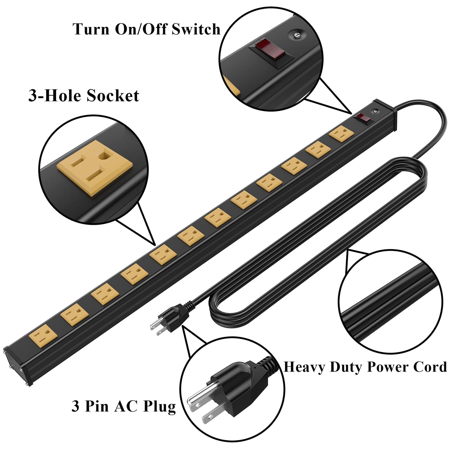 20 Outlet Heavy Duty Metal Socket Power Strip,15-Foot Long Extension Cord with Circuit Breaker. Mounting Brackets Included,Workshop/Industrial use,ETL Certified
