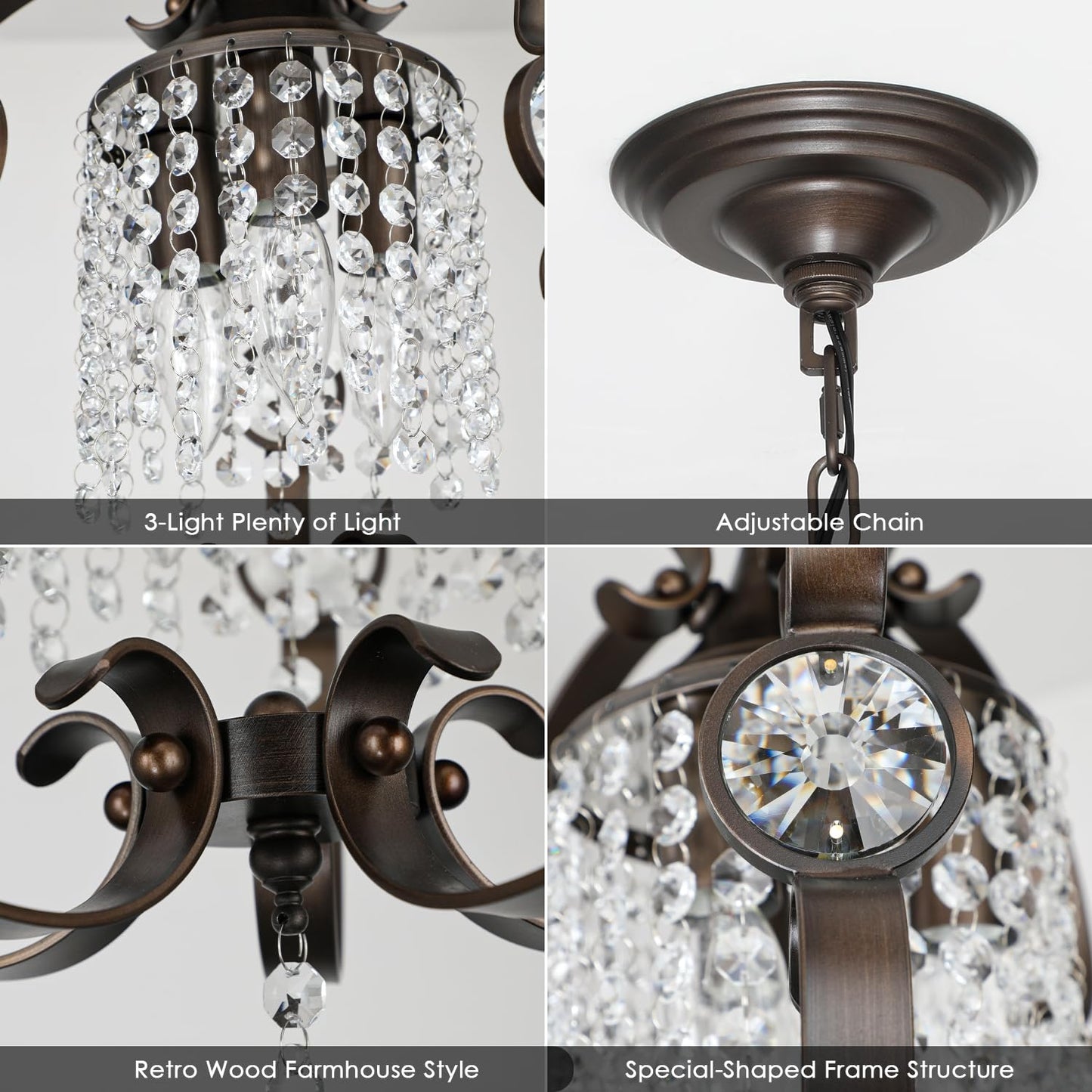 Leyodnpe Bronze Crystal Chandeliers for Dining Room, 3-Light 14 Inch Flush Mount Ceiling Light Fixture,Vintage Hanging Pendant Lighting for Kitchen Island,Living Rooms, Foyer