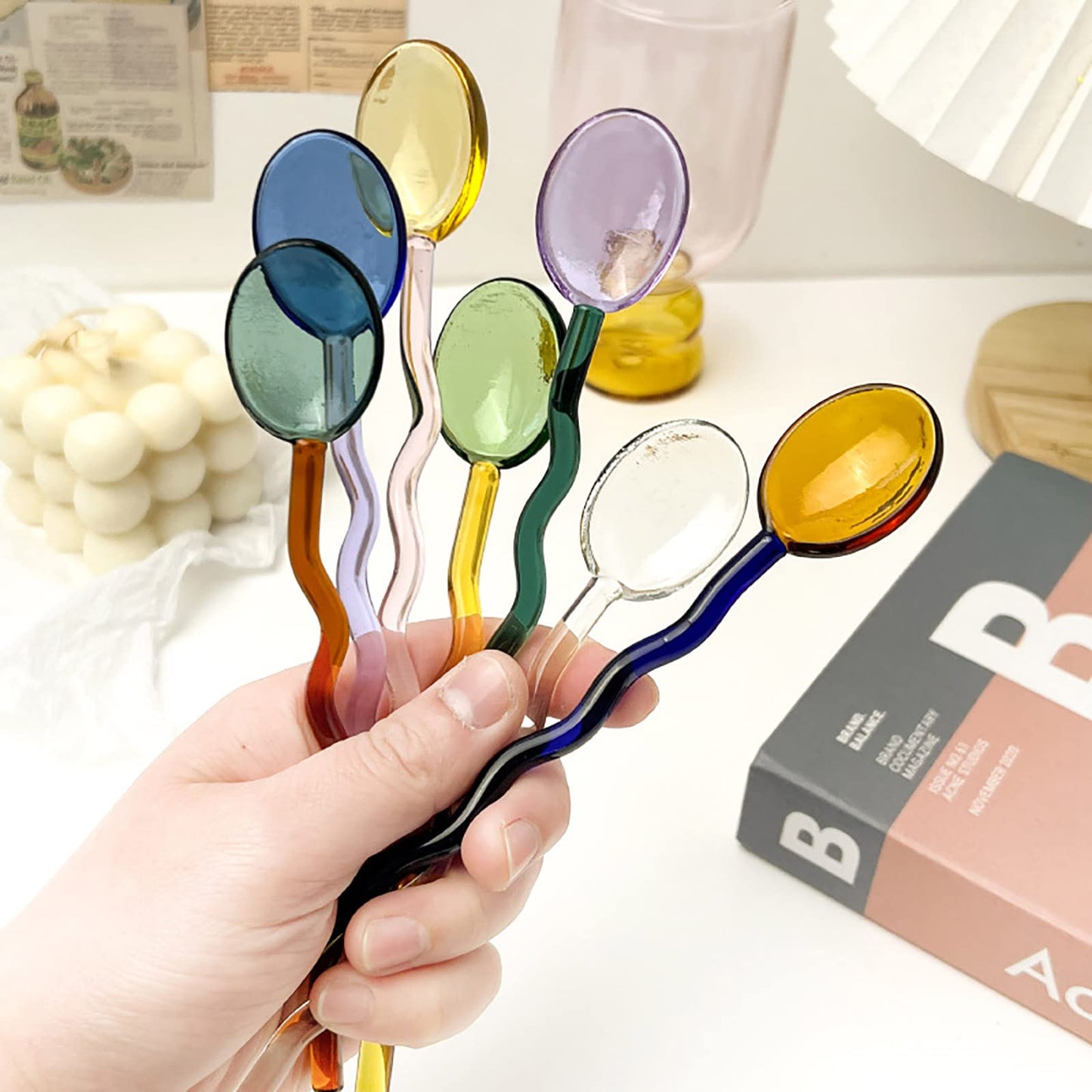 TMXAOK 7 Pieces Clear Glass Stirring Spoons Transparent Crystal Teaspoons Milk Cocktail Cold Drinks Mixing Spoon Swizzle Sticks Stirrers Salt Sugar Scoop with Curved Handle for Bar Banquet Party, A