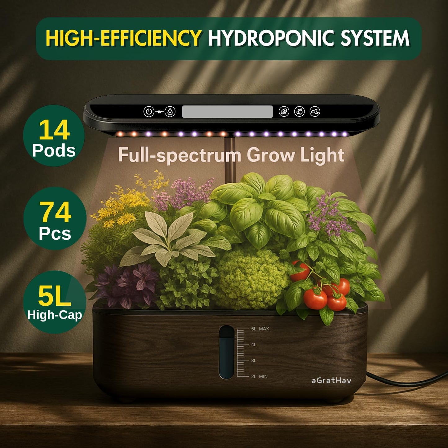 Hydroponics Growing System Kit, Indoor Herb Garden, 14 Pods Upgraded LCD Display, LED Grow Light Quiet Smart Water Pump Automatic Timer, Hydroponic Planter for Home Kitchen Office (Black)