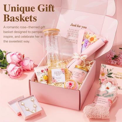 Gifts for Women, 9pcs Happy Birthday Gifts for Women, Christmas Ideas Mothers Day Gift Baskets Unique Rose