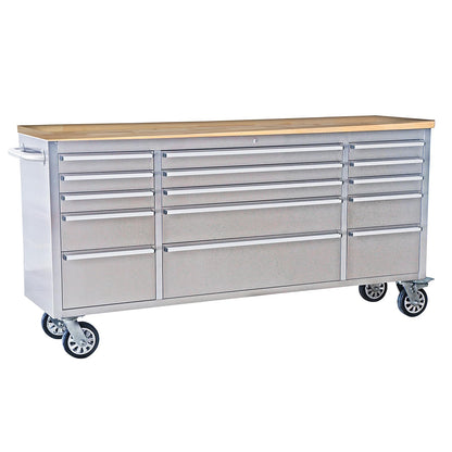 72 Inch Heavy Duty Rolling Tool Chest, Stainless Steel Tool Cabinet with 15 Drawers, Solid Wood Top Workbench, Mobile Toolbox Organizer with Locking Wheels, Power Outlets, for Garage, Workshop, Storag
