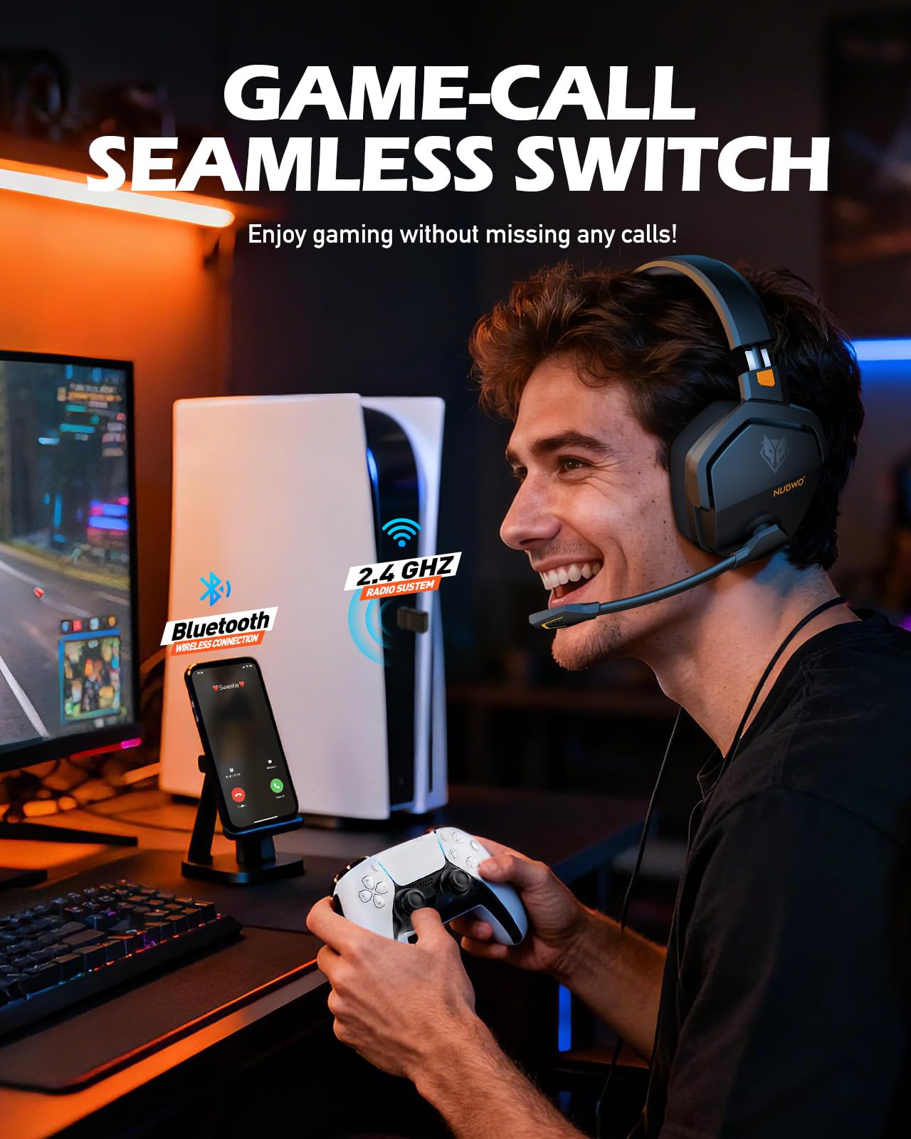 NUBWO Wireless Gaming Headset with Mic for Ps5 Ps4 PC, Zero Interference, 100-Hour Battery All-Day Play, 23ms Sync for Fortnite & Call of Duty/FPS Gamers, Triple Mode All Devices Compatible - Orange