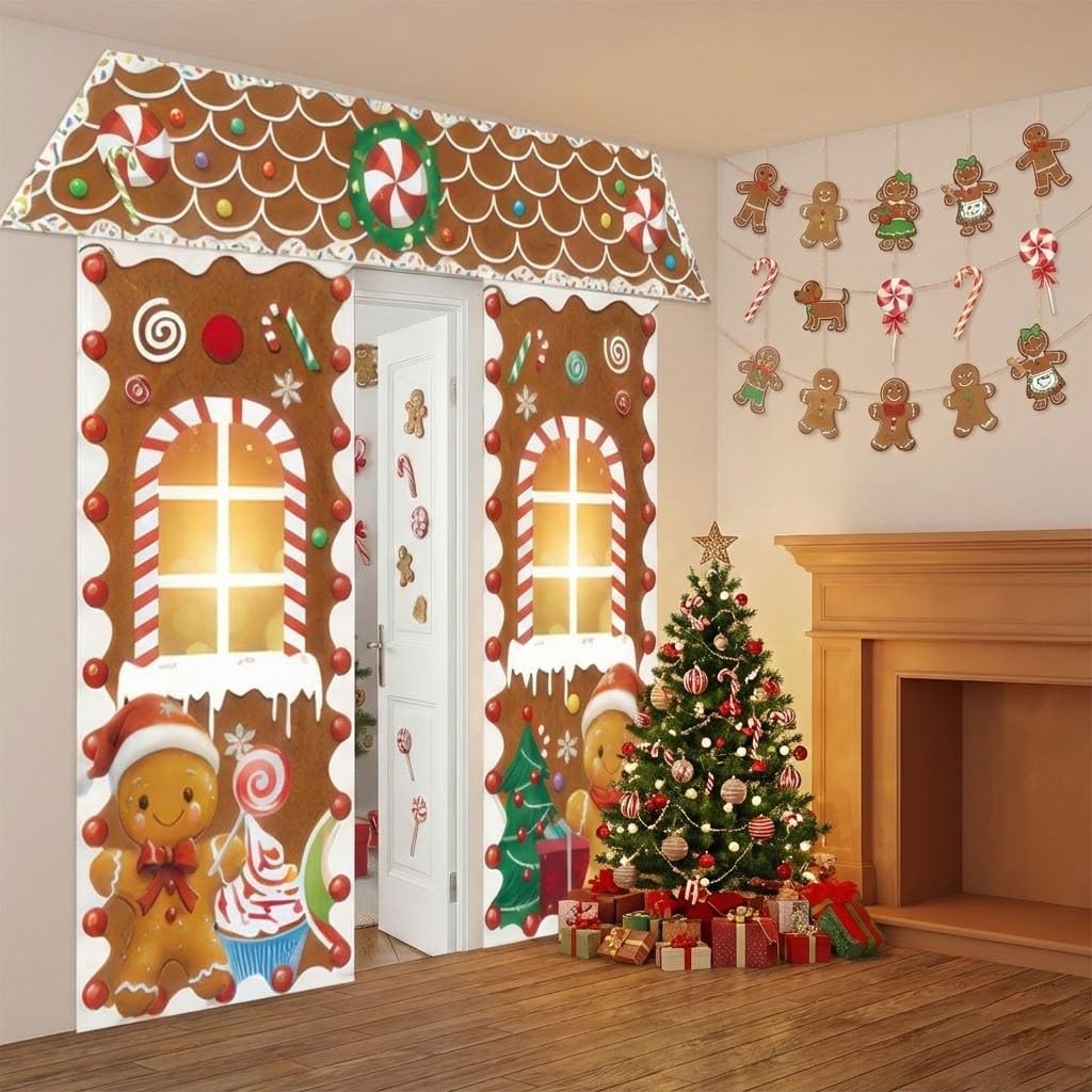 Christmas Gingerbread Door with Lights Cardboard Cover Decorations,Gingerbread House Candy Porch Banner Sign for Xmas Holiday Classroom Office Home Party Decor