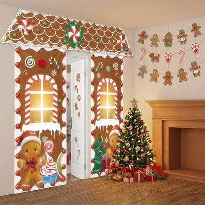 Christmas Gingerbread Door with Lights Cardboard Cover Decorations,Gingerbread House Candy Porch Banner Sign for Xmas Holiday Classroom Office Home Party Decor